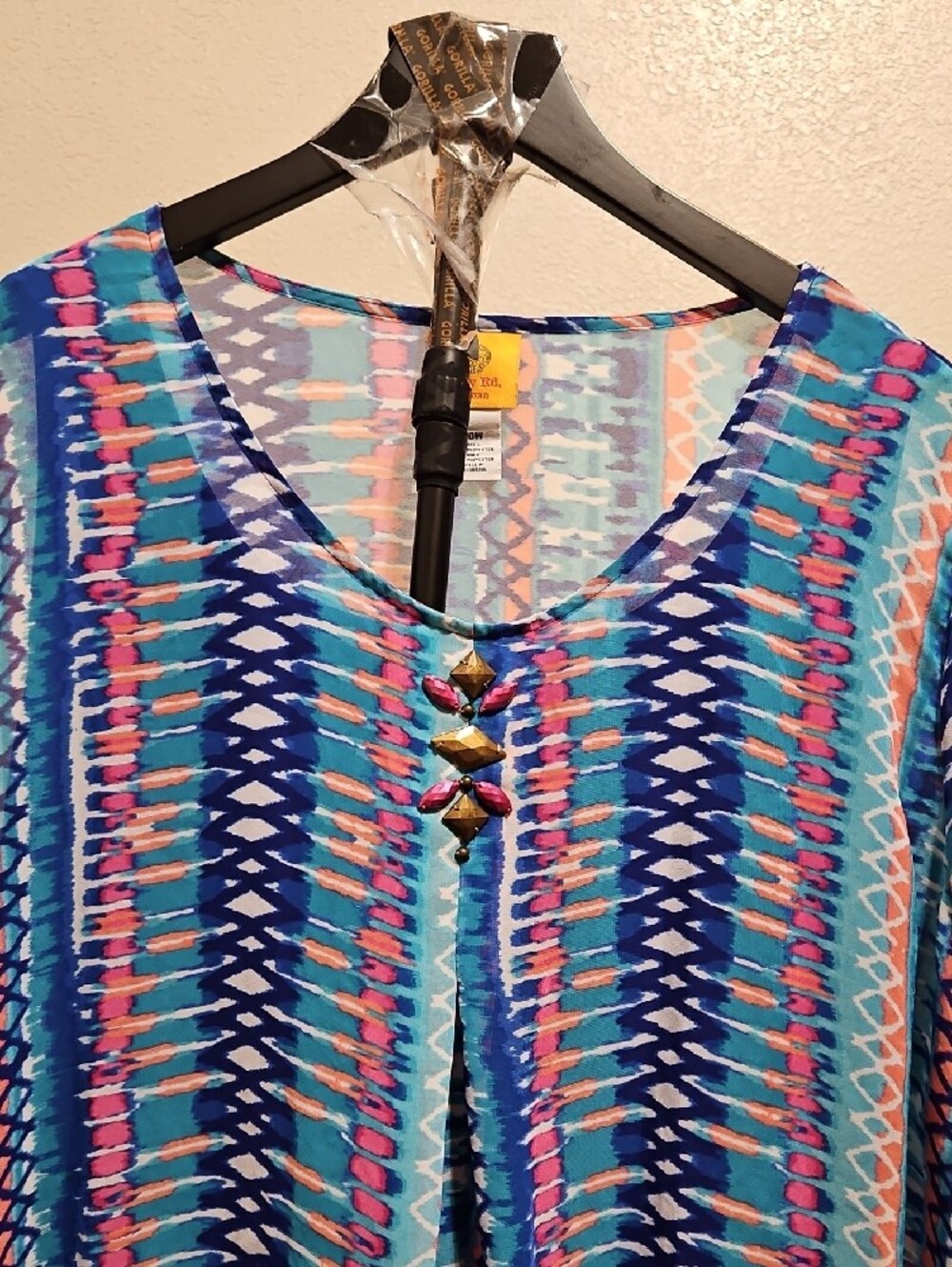 Ruby Rd. Blue Multicolor Patterned V-Neck Tunic with Front Accent Buttons - Picture 2 of 5